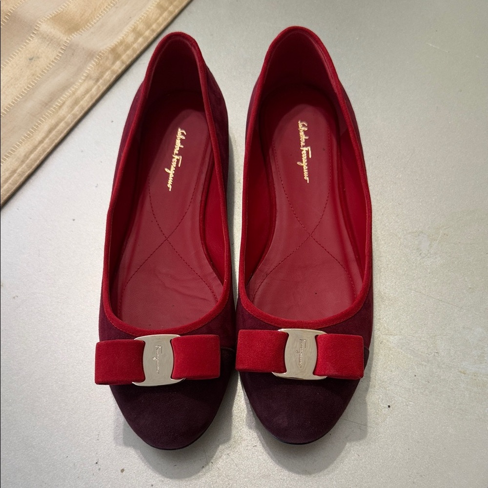 Salvatore Ferragamo Burgundy and Red Suede Flats